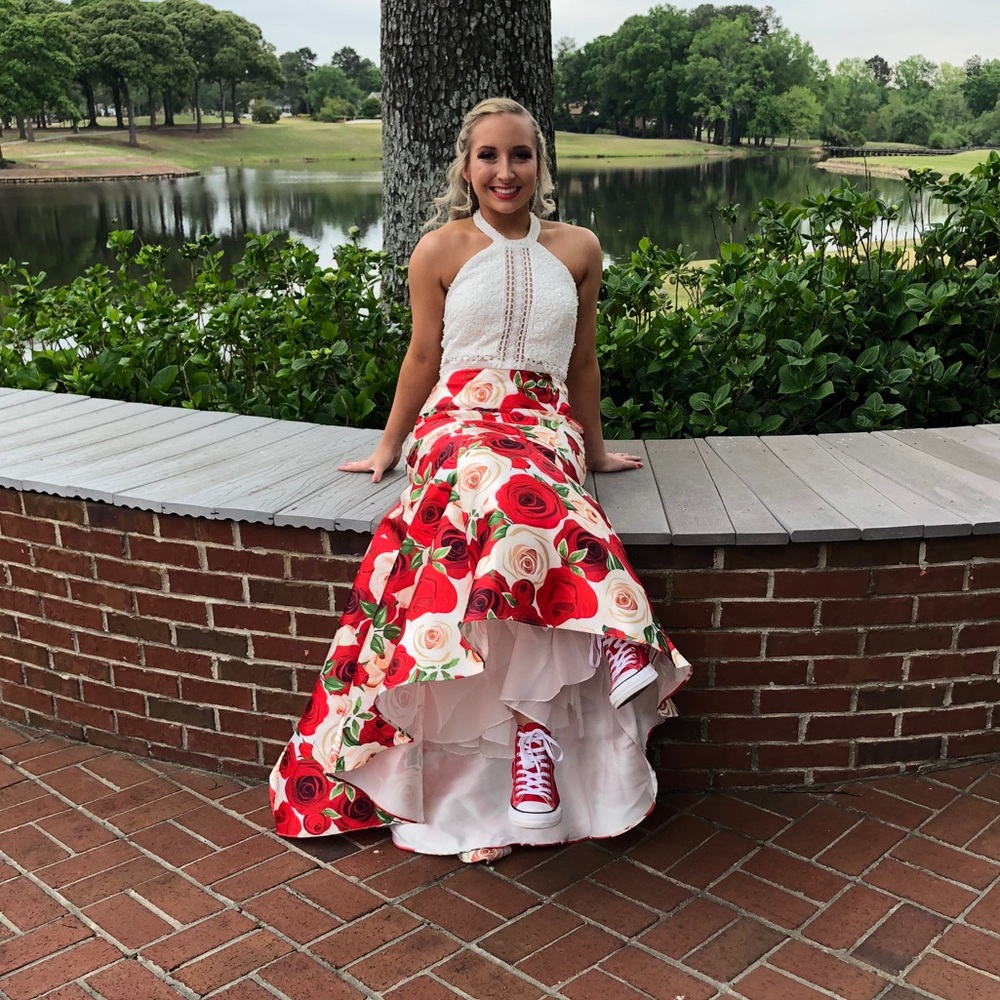 A white and rose formal dress.